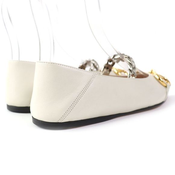 Gucci 621161 Leather Horsebit Pointed Toe Flat Pumps With Chain Ivory Gold And - Picture 6 of 14